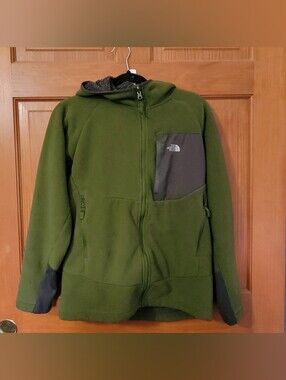 The North Face Boys (18/20) Moss Green Fleece Hooded Full Zip Jacket Pockets fla